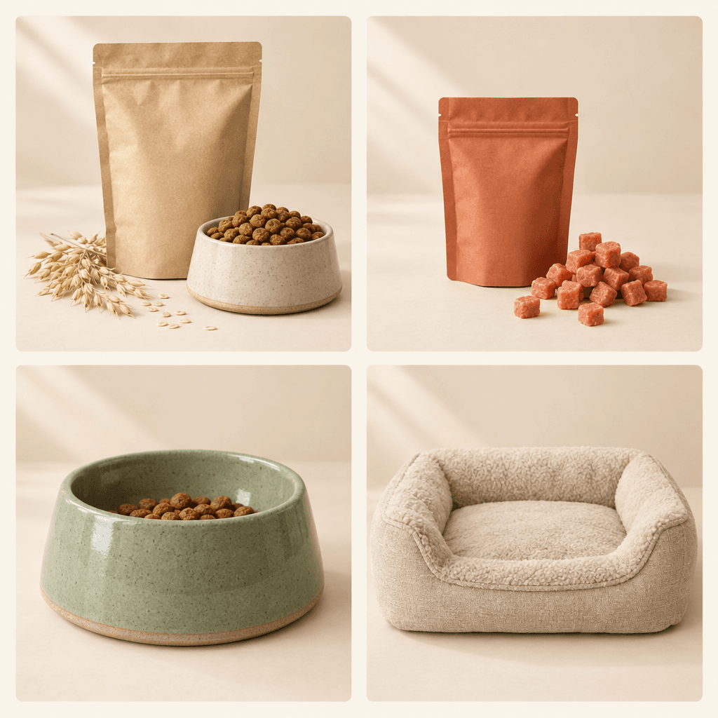 A cream paper dog-food bag beside oat sprigs and a ceramic bowl of kibble